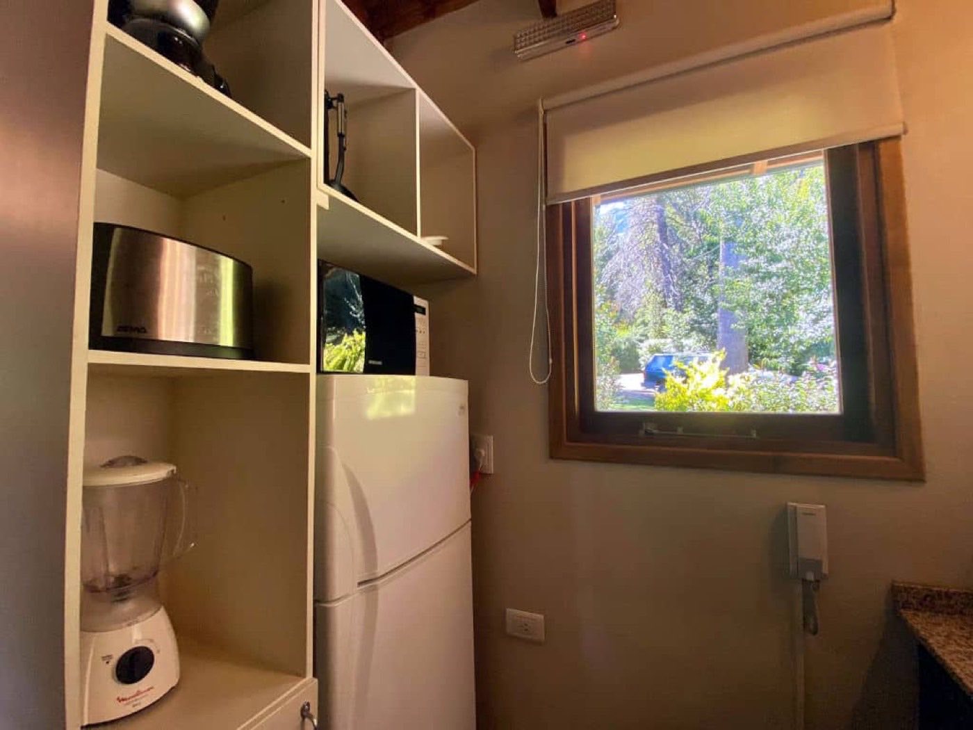 Cocina equipada con heladera y microondas